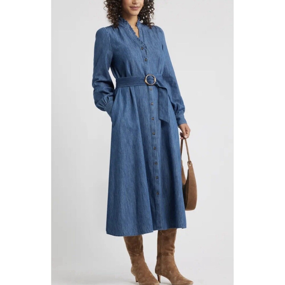 Caslon Belted Ruffle Long Sleeve Denim Chambray Maxi Shirtdress Size Large NWOT